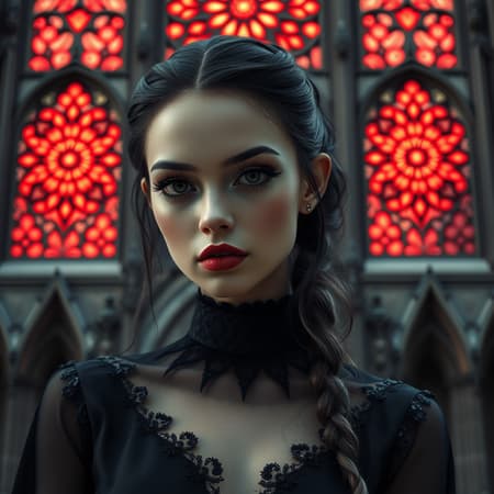 Gothic girl in elegant black attire, flawless visage, close-up portrait, background dominated by a grand gothic cathedral, windows aglow with fiery red reflections, adorned with intricate mandala designs, 8k resolution, UHD, HDR. Model: Dark Sushi 2.5D. Scene exudes mystique, with a subtle twist of surreal elements, maintaining the essence of gothic allure. No blemishes or distortions, cathedral serving as a majestic backdrop, captivating and enigmatic ambiance.