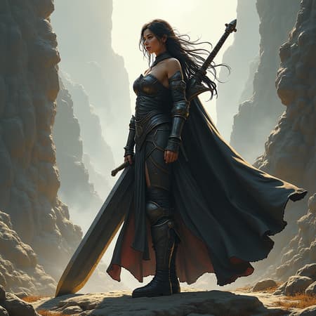 A fierce female warrior stands poised with her massive greatsword, exuding strength and determination; her armor glints subtly under the dramatic lighting that casts bold shadows around her. The scene captures a wide-angle view, showcasing the epic and fantastical landscape reminiscent of a Final Fantasy world. Ink-like strokes define her form with dynamic lines, emphasizing her battle-ready stance. The vivid details burst in 4k quality, enveloping the viewer in a realm of myth and legend, her steely gaze fixed on the horizon, where adventure awaits.
