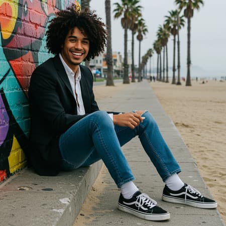 FlorencePugh3 chic half-up hairstyle with black hair showcases elegance and versatility, with the top half gathered and secured, letting the rest flow freely—perfect for any occasion. Capture the Sitting/Leaning Pose by finding a charming spot like a bench or staircase to lean against, exuding a natural and relaxed charm in the photo. The Casual-Chic look combines comfort and elegance with well-fitted jeans, a white button-down shirt, and a tailored blazer, complemented by statement accessories and trendy sneakers for a stylish everyday vibe. Against the vibrant and eclectic backdrop of Venice Beach, highlight the colorful graffiti walls, iconic palm trees, or the sandy shore with ocean breezes. Shot in ultra-high resolution using Canon EOS R6, 135mm lens, settings at 1/1250s, f/2.8, ISO 400, capturing realistic shadows. Featuring a smiling male figure with curly afro hair and bangs, this composition radiates effortless style.