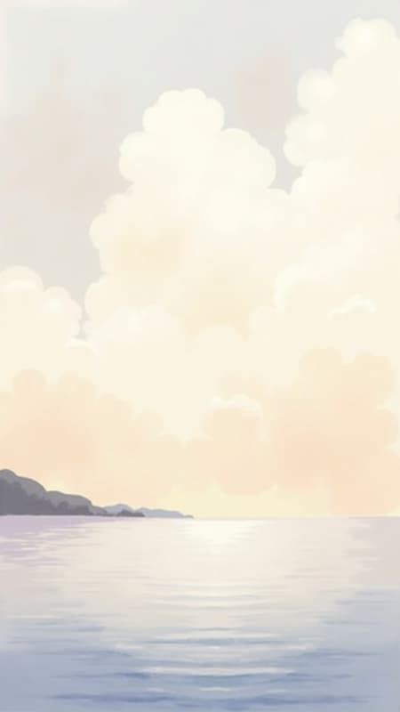 A peaceful watercolor painting portrays the gentle harmony between the expansive sky and the calm ocean as they converge at the horizon, awash with tones of beige, soft gray, umber, ivory, and lavender, evoking a dreamy seascape. The clouds are depicted with different levels of clarity, some standing out with more precision while others blur into the backdrop, adding layers of depth, 2D, sculpture.