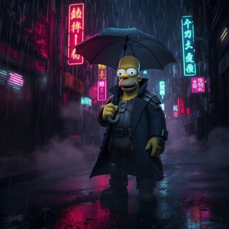 3D cartoon Homer Simpson standing in a dim, rain-soaked dystopian city street, with a desolate atmosphere. Neon lights flicker in the background, casting vibrant reflections on wet surfaces. The scene is cinematic and moody, reminiscent of a Blade Runner aesthetic. Ultra-high definition, hyper-realistic details, with Homer wearing a futuristic trench coat and holding an umbrella. Mist swirls around his feet, adding to the mysterious ambiance.