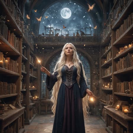 a female wizard with long white hair, standing inside a magical library with butterflys flying around. on the ceiling is a decorative glass window and outside we can see the stars and the moon shining through. there is a magical broom stick flying around in the air and incense buring. There are candles placed all long the shelves to illuminate the room