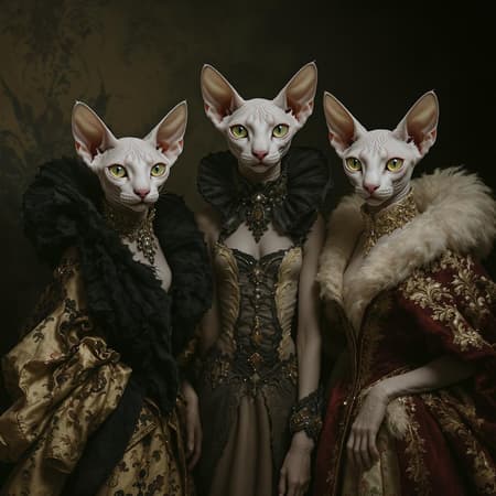 Three hairless sphinx cats posed elegantly, draped in elaborate, avant-garde costumes with a hint of whimsy, capturing the surreal essence of a Tim Walker photoshoot. Their attire swirls with Baroque opulence, echoing the artistic touch of Sacha Goldberger, while their expressions and the interplay of shadow and texture resonate with the haunting beauty found in Nicola Samori's works. The scene is set against a backdrop of muted yet rich tones, creating a tableau of mystery and sophistication.