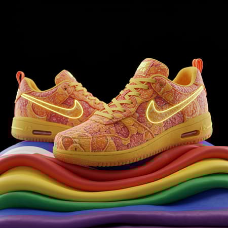 Futuristic solarpunk sneakers inspired by Nike Airs, crafted from intricate, vibrant dried fruit textures, glowing with bright colors. The sleek 3D render showcases these high-detail shoes elegantly positioned atop a layered mound of Pride flags, embodying a celebration of diversity. The composition is clean and beautiful, with every element meticulously detailed, capturing both innovation and artistry in a harmonious fusion.