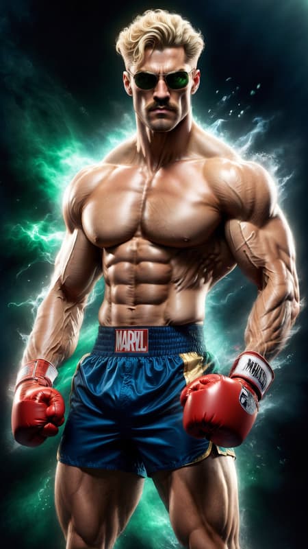 psychiatrist and psychologist for super-heroes. He is also ex-military, but still has his connections to the Marines; he is Black Ops, so they call him from time to time. He is also a very proficient boxer. When he's advising people, he wears his favorite dark blue suit with a tie and a pair of glasses. When he's boxing, he wears little more than a pair of boxing shorts and shoes. He is tall, muscular, sinewy, fit, athletic. Big muscles, broad chest and wide back, narrow waist. Handsome rugged masculine Caucasian male with mefium length golden blonde hair in a curly bob hairstyle. Malachite green eyes,  strong brow and jaw, neatly trimmed blonde mustache. Full body pose, either in a gym or his office. 