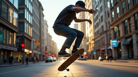Urban scene, cityscape in focus, vibrant play of light and shadows, professional skateboarder in mid-flight capturing an ollie, showcasing dynamic energy, high dynamic range photography highlighting intricate details in architecture and motion, emphasizing the blend of art and athleticism against the backdrop of bustling city life.