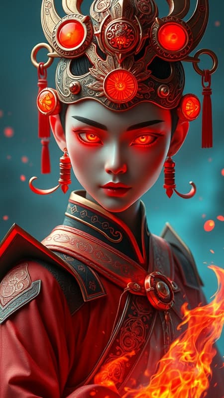 A Chinese character in a fiery costume with glowing red eyes, set against a backdrop of dark bronze and light blue hues. Created in the style of hyper-detailed digital portraits, this fantastical image conveys a sense of otherworldly vision, enhanced by luminous 3D elements and intricate detailing. The figure emanates an aura of mystery and enchantment, skillfully avoiding any form of distortion or unrealistic features. Every aspect of the portrait—from the character’s flawless anatomy to the sublime play of light and shadow—contributes to a captivating visual narrative. The composition maintains a perfect balance, allowing the viewer to immerse in its vivid realism without distraction, ensuring clarity and focus throughout. The piece is marked by superior quality in every facet, offering a breathtaking glimpse into a world where imagination and reality seamlessly interweave.