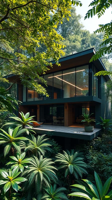 A stunning tropical modernism style house nestled within a lush forest, featuring sleek lines and expansive glass walls that seamlessly blend with the natural surroundings, dappled sunlight filtering through the dense canopy creates mesmerizing patterns on the surfaces, enhancing the airy and open atmosphere, while innovative architectural elements harmonize modern elegance with the vibrant wilderness setting.