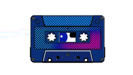 A stylized depiction of a retro cassette tape featuring a carbon fiber texture, infused with a vibrant blue and purple color scheme. The design is inspired by Roy Lichtenstein's pop art style, set against a clean white background, incorporating bold outlines and halftone dots for a dynamic, modern twist.