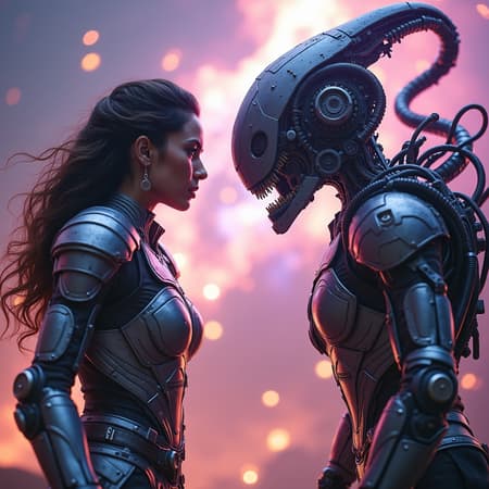 A stunning female warrior in intricately detailed armor confronts a formidable cyborg alien amidst a vivid cosmic battlefield, where hyper-realistic and dynamic cinematic lighting accentuates every heroic pose and mechanical feature, capturing a moment of intense confrontation. The scene is bathed in a dramatic array of vibrant colors, from luminous nebulae in the background to the glint of steel and circuitry, creating a breathtaking fusion of organic and artificial elements in a climactic showdown.