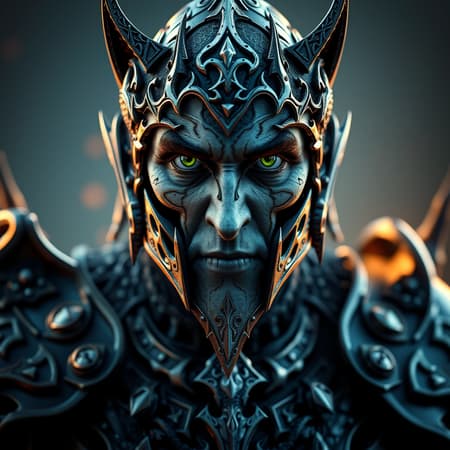 Arthas Lich King-inspired fantasy character, adorned in intricate and insanely detailed armor, with a perfect face trending on ArtStation. The character is set in sharp focus with rich HDR and warm lighting, exuding an intense aura. The design includes fantastical elements like scars and scratches, complemented by piercing green, black, or blue eyes. Creative mutations add intrigue—subtle yet fascinating double ears and delicate cat ears contribute to the surreal appearance. The character boasts a unique silhouette with intentionally altered anatomy, featuring a blend of unexpected elements like floating or disconnected limbs that defy conventional perceptions, resulting in a captivating and otherworldly vision.