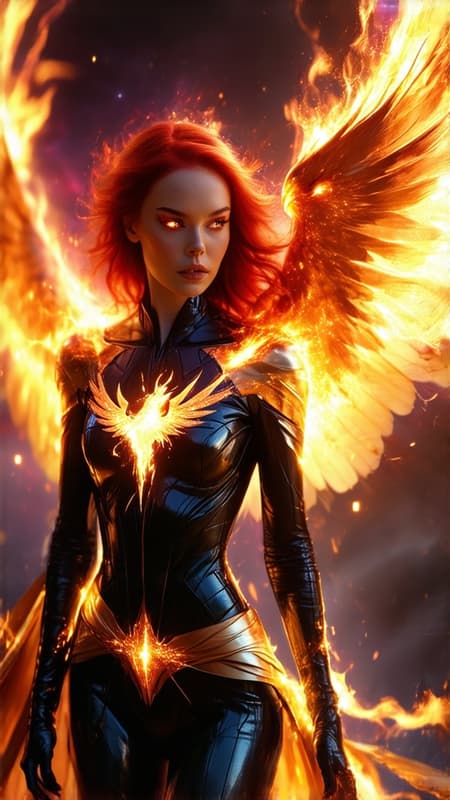 Phoenix/Jean Grey in her Phoenix costume, but it's dark black with metallic gold, a golden fiery falcon symbol on the front of her costume,  the sash around her waist blowing in the cosmic winds. She is surrounded by her fiery Phoenix raptor/falcon aura, she is within the firebird . Her eyes are lit up like stars. Her hair is beautiful red flames, flaring out. Full body pose. She is in space, on the edge of a galaxy. 