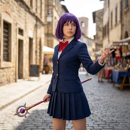 Transform the uploaded anime/cartoon/drawing into an ultra-photorealistic, lifelike photograph of a real adult human being in real life. The person is cosplaying the exact character with 100% identical pose, posture, hand gestures, facial expression, eye direction, hairstyle, hair color, outfit, accessories, props, and background elements. Preserve every single detail of the composition and camera angle as in the original image but instead realistic. The entire setting should be transformed to photorealism with cinematic camera techniques such as depth of field and focus, all objects should have detailed realistic texture. Adjust all exaggerated anime/cartoon proportions to natural, attractive real-human anatomy (realistic body ratios, normal-sized eyes, subtle bone structure). Add photorealistic skin texture with pores and subtle imperfections, lifelike eyes with catchlights and depth, detailed hair strands, realistic fabric folds and material textures, natural shadows, cinematic studio lighting or matching the original scene lighting perfectly. Ultra-high detail, sharp focus, 8K resolution, professional photography quality, no cartoon/illustration/anime artifacts remaining,