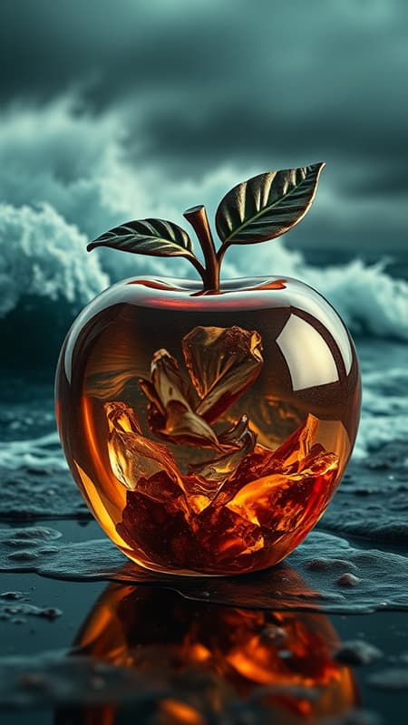 A stunning double exposure composition where a stormy sea forms the underlying backdrop, its tumultuous details seamlessly merging into a glossy, lifeless glass apple. The apple's intricate design showcases earthy tones and a sense of decadence, captured in hyper-realistic high definition. The dark softbox lighting envelops the scene in a cinematic, photorealistic manner, enhanced by raytracing and HDR techniques, creating a deeply textured, extremely detailed image. The glass apple becomes a vessel showcasing the sea’s raw power, blending nature and art in an exquisite visual harmony.