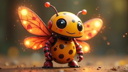 Robot Ladybird Patterns, Art A cheerful robot with vibrant ladybird patterns, designed to greet everyone with a warm, luminous smile. Its wings gently flutter as it moves, spreading joy and radiating warmth, while its antennae twinkle like tiny stars, captivating all who encounter its friendly charm.