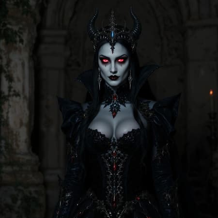 Ancient Strigoi vampire queen, regal and terrifying with an ethereal presence, her piercing eyes glinting like blood-red rubies, skin pale as moonlight, adorned in intricately designed, dark Gothic attire, surrounded by an aura of dread and mystery, long flowing hair cascading like shadows, sharp fangs gleaming in the darkness, set against a dimly lit, haunting backdrop, capturing the terror and elegance of a bygone era with cinematic intensity and ultra-detailed realism.