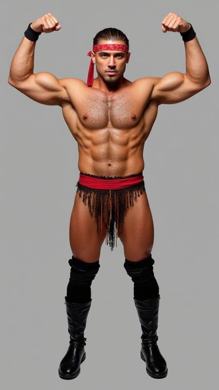 Gypsy male, mystic, wrestler, hypermasculine, bodybuilder, perfect physique, perfect body. Olive skin, hirsute body, hairy chest and abs. Sparkling pale hazel eyes. Strong brow, chiseled jaw, sexy, handsome young face, SHORT jet-black hair, scarlet red bandana tied around forehead, black goatee on face. Broad chest, wide back and shoulders, narrow waist. Extreme hair on chest, torso and arms. Strong brawny muscular sinewy body, SHIRTLESS. Extreme armpit hair, black leather boots, scarlet red sash belt,  black wrestlers tights, leather bracers on arms. Full body pose, arms up, flexing biceps. 