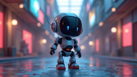 Adorable miniature robot in a Pixar-inspired style, crafted with hyper-detailed features, glowing accents, and sleek Tron-like design elements. It operates in a mesmerizing environment created with Unreal Engine, featuring dynamic volumetric lighting that enhances its whimsical charm and futuristic appeal.
