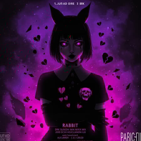 Concert Poster for the band Rabbit featuring a girl with a theme of broken hearts and skulls. The color scheme is dominated by shades of purple, pink, and black with an emphasis on black silhouette art. The visual should be in UHD, HDR, and 8K quality. Model: Dark Sushi Mix Mix, emphasizing a dark and mysterious vibe. Avoid elements such as duplicates, disfigured or mutated features, extra or missing limbs. Ensure clarity with no blurred or out-of-frame aspects. The artwork should be clean with no jpeg artifacts, watermarks, logos, or text cluttering the design.
