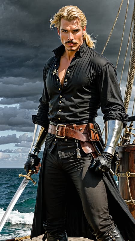 Super-hero, pirate, think "The Princess Bride". Caucasian male. young man. Masculine male, tall, thin but muscular, sinewy, wide shouldered. Short golden blonde hair, fade style with more length on top, smooth, combed back, side parted {{{short hair}}}. Handsome face, clear aqua colored eyes. Black mask tied around his eyes {{{black mask around eyes}}}. Thin blonde trimmed mustache above lip, small goatee on face. Black silk pirate shirt, sleeves pushed up and shirt open. Silver talisman around his neck. Black wrapped leather bracers on arms. Black fingerless gloves on hands. Black leather belt with silver buckles on waist. Black form-fitting pants/tights on powerful legs, tucked inside of black leather bucket boots. Full body pose, swordsman's stance. He wields a silver rapier sword. Probably sailing the high seas... Super-hero, pirate, think "The Princess Bride". Caucasian male. young man. Masculine male, tall, thin but muscular, sinewy, wide shouldered. Short golden blonde hair, fade style with more length on top, smooth, combed back, side parted {{{short hair}}}. Handsome face, clear aqua colored eyes. Black mask tied around his eyes {{{black mask around eyes}}}. Thin blonde trimmed mustache above lip, small goatee on face. Black silk pirate shirt, sleeves pushed up and shirt open. Silver talisman around his neck. Black wrapped leather bracers on arms. Black fingerless gloves on hands. Black leather belt with silver buckles on waist. Black form-fitting pants/tights on powerful legs, tucked inside of black leather bucket boots. Full body pose, swordsman's stance. He wields a silver rapier sword. Probably sailing the high seas...