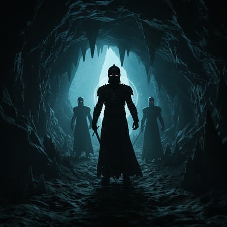 Dark fantasy shadow knights in a surreal cave setting, featuring transparency and caustic effects, with an emphasis on magical elements. The scene captures a masterpiece of perfect anatomy in 32k UHD resolution, showcasing the highest quality and realism. The image employs professional photography techniques, with a cinematic angle and intricate reflection lights that highlight the mysterious ambiance. The shadow knights, adorned with enchanted armor, are poised within the cave’s depths, their presence exuding an aura of mystical power, invoking a sense of awe in this photographic marvel.