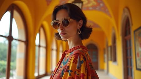 In a grand hall of a palace characterized by its rounded and vibrant architecture, a stunning fashion model poses elegantly, wearing chic retro glasses that capture a timeless allure. Her fashion-forward outfit, designed by Pierre Cardin, exudes the innovative essence of Antoni Gaudí's unique style blended with the nostalgic sophistication of the 1970s. Natural light streams in, casting gentle highlights that enhance the vivid colors and intricate patterns of her attire. The photograph, a marvel of digital precision, offers a blend of photo-realism and cinematic artistry rivaling the detailed eye of Wes Anderson. Shot with a 70mm lens, it boasts sharp focus and captures the scene with an ISO of 400, aperture f4 at 1/20 shutter speed. The 8K resolution delivers striking clarity and depth, revealing high contrast and HDR effects with ambient occlusion and volumetric lighting, creating a dynamic, hyper-real experience that engages viewers with its super detailed and intricate portrayal.