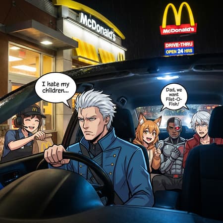 Annoyed Driver With Anime Characters At Mcdonald's Drive-thru A McDonald's drive-thru scene at night, viewed from inside a car. In the foreground, a man with white hair in a blue coat is driving, looking annoyed. Next to him, a smiling McDonald's worker hands over a bag. In the back seat, an excited anime girl with fox ears and a cyborg man with a glowing red eye are visible, along with another white-haired man in a red jacket looking surprised. Speech bubbles above them read "Dad, we want Filet-O-Fish!" and "I hate my children...". Outside, a bustling McDonald's with a drive-thru sign and cars is visible. The art style is a blend of realistic photography for the setting and anime/manga for the characters, with bold outlines and vibrant colors. The lighting is artificial, with bright lights from the McDonald's and car interior creating a lively yet slightly chaotic mood.