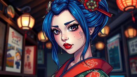 A stunning woman with vibrant blue hair, adorned in an elegant kimono and traditional geisha makeup, her dark eyes shimmering with mystery. Set in an enchanting, dimly lit Japanese environment, her face glistens with a delicate sheen of wet mud, adding an element of raw beauty. The wide view captures intricate details in a colorful and stylized, cartoon-inspired manner, blending traditional and modern artistic influences seamlessly.