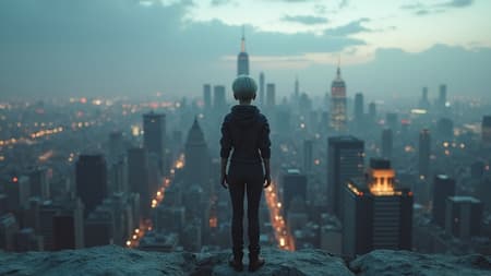 Dystopian High Dystopian High Detail RAW color Photo Full Shot standing on an overlook gazing out at a sprawling cyberpunk city skyline with a perfect face featuring raytracing and specular lighting. The scene exhibits a shallow depth of field achieved using a 200mm lens, resulting in a hard focus for a smooth cinematic film still appearance. The image resembles CGI or 3D render crafted with octane, capturing an eerie yet captivating beauty. Elements of doll-like features are present, yet without low resolution, text issues, or jpeg artifacts. Avoiding any duplicates or morbid imagery, the human form is intact without extra or missing limbs, ensuring proportional and aesthetic accuracy.