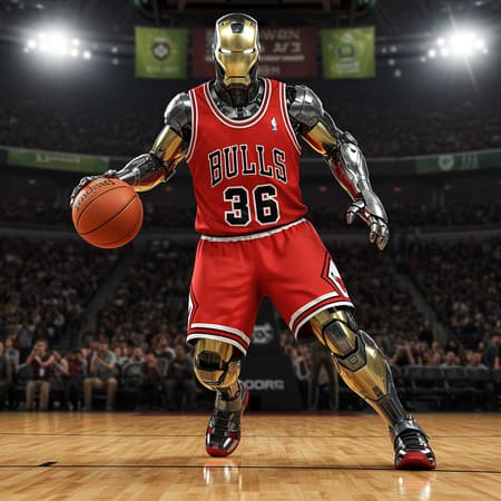 Ironman, donned in a Chicago Bulls uniform, energetically dribbles a basketball on a glossy hardwood court. His armor gleams beneath the stadium lights, seamlessly blending with the iconic red and black Bulls jersey, its fabric stretched over his advanced suit. The visual style echoes Xbox 360 graphics' distinctive sharpness and depth, teetering on the edge of surreal realism. Each movement captures emotive realism, with Ironman's mechanical yet fluid agility painting an eerily realistic tableau of tension and athleticism, set against the intimate vertical framing of 9:16, amplifying his superheroic presence amidst an echoing arena.