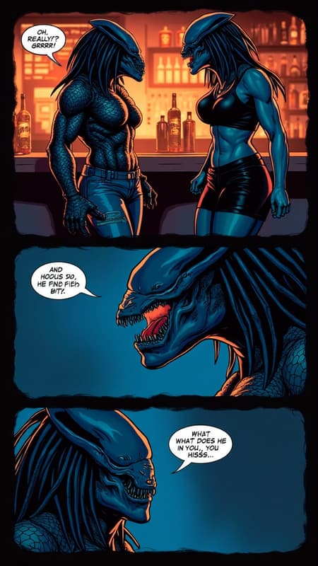 Female Predator And Xenomorph Bar Confrontation Comic strip, digital illustration. Top panel: A muscular female Predator in a black tank top and ripped jeans, glowing with orange energy and saying "GRRRR", confronts a curvy female Xenomorph in a blue cropped top and black skirt, glowing with blue energy and saying "HSSSS", in a dimly lit bar with neon accents. Middle panel: Close-up of an angry Predator's face, mouth open with fangs, an orange glow, and text overlay "Oh, really!? And what does he find in you, you bimbo bit...". Bottom panel: Close-up of a Xenomorph's head, mouth open to reveal its inner jaw extended, wearing red lipstick, in the same dark bar setting with neon lights. Dark, moody atmosphere with vibrant neon orange and blue lighting. Detailed, clean line art, comic book style with bold colors and expressive characters.