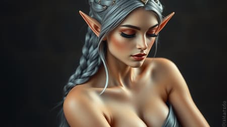 Portrait of a young woman with distinctive pointy ears, captured in a close-up profile showcasing her striking facial features. She is wearing a strapless dress that gracefully highlights her bare shoulders and subtly reveals some cleavage. Her elegantly styled long hair includes a braid, with strands of grey adding a distinguished touch. Sitting serenely with half-closed eyes, her expression is calm and contemplative. She adorns her look with delicate jewelry and a tiara that complements her attire. Her eyelashes are long and prominent, enhancing the allure of her captivating gaze. The overall composition presents a solo, 3D-inspired depiction emphasizing the beauty and mystery of an elf-like character, maintaining a balance between curvy and muscular attributes. The image exhibits a textured quality with slight imperfections that add an artistic charm.