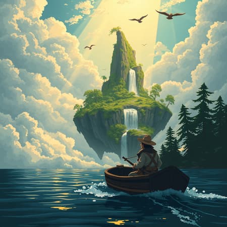 A mystical scene in 16-bit pixel art captures an intrepid explorer in a small boat as they approach a floating island nestled among the clouds. The atmosphere echoes the enchanting style of Studio Ghibli, with billowing clouds casting dramatic shadows and revealing shafts of golden sunlight. The explorer, clad in an old-fashioned adventurer's attire, gazes upward in awe at the cascading waterfalls that descend from the island's lush, green landscape. Towering trees and vibrant flora add to the island's allure, while birds circle overhead. The cinematic composition and rich details create a sense of epic discovery and wonder.