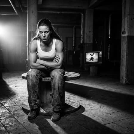 Muscular woman with long straight hair sitting on an empty large wooden cable spool instead of a chair, white tank top, loose jeans, determined expression, strong posture. High-contrast black and white photography, documentary style, Nan Goldin/Larry Clark aesthetic. Gritty, raw dark atmosphere with dramatic directional lighting creating sharp shadows, urban isolation. Dark industrial indoor space, tiled floor, vintage TV monitor showing a looney toon in background. Monochromatic palette - deep blacks, bright whites, rich grays with strong contrast. Central symmetrical composition, subject facing camera, low angle, negative space emphasizing isolation. Defined muscles visible through tank top, textured worn jeans, wooden stool with visible grain, industrial fixtures partially visible, rough tile floor. no lights in background