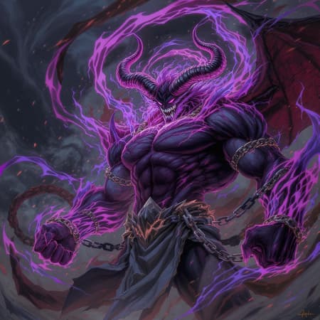 Demon Warrior, Adorned Art A fierce demon warrior, adorned with imposing horns and wrapped in chains, stands ready for battle. Purple fire dances around its powerful form, illuminating the scene with an eerie glow. Swirls of pink energy orbit around its head, accentuating its menacing presence. This anime-style scene is rich with intricate details and dynamic motion, set against a dramatic 16:9 backdrop.