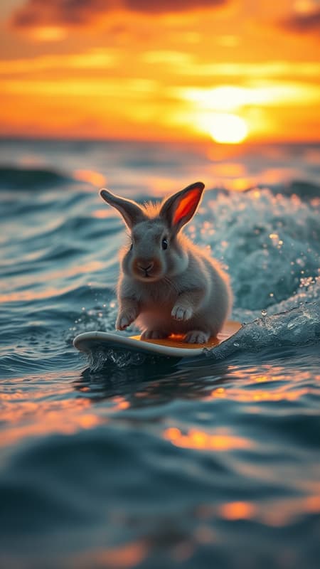 Photorealistic 32k image of a fluffy baby bunny skillfully surfing a gentle wave, illuminated by cinematic golden-hour lighting, with a vibrant sunset casting an array of warm hues across the sky and reflecting on the ocean's surface. The bunny's fur glistens with droplets of water, and the scene exudes a sense of whimsical adventure and natural beauty. Photorealistic 32k image of a fluffy baby bunny skillfully surfing a gentle wave, illuminated by cinematic golden-hour lighting, with a vibrant sunset casting an array of warm hues across the sky and reflecting on the ocean's surface. The bunny's fur glistens with droplets of water, and the scene exudes a sense of whimsical adventure and natural beauty.