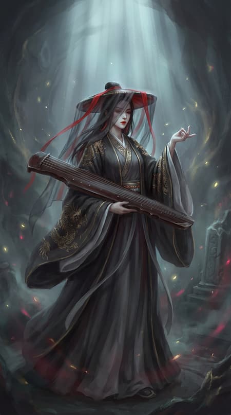 A powerful, elegant female figure in a traditional Chinese black and grey Hanfu with intricate gold dragon embroidery, holding a long guqin, full body shot. She wears a wide-brimmed hat adorned with red and sheer black veils, obscuring her face slightly. She has pale skin, red lips, and dark hair. Her right hand is raised, fingers pointed gracefully. The atmosphere is mysterious and dramatic, with soft, ethereal light from above highlighting her face and casting subtle shadows. The background is a hazy, dark grey with faint, glowing specks of light, suggesting magic or dust. The overall style is dark fantasy digital painting with a strong painterly feel, dramatic lighting, and a dark, moody color palette with vibrant red accents.