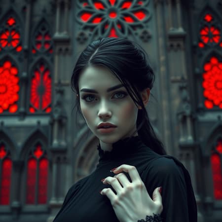 Gothic girl dressed in black, flawless complexion, macro headshot, standing before an imposing gothic cathedral; perfect composition. Cathedral windows reflect intense red flame glow, intricate mandala-like embellishments. Captured in 8k, UHD, HDR for stunning clarity. Model embodies Dark Sushi 2.5D aesthetic; unique elements like ethereal presence, subtle variations, and a mystique that hints at surreal beauty, adding elegance to an otherwise haunting atmosphere. She gazes with an enigmatic look, capturing attention with an elongated grace and delicate fingers, seamlessly integrated. Attention to detail avoids low-resolution distractions, focusing on pure visual excellence without unwanted artifacts.