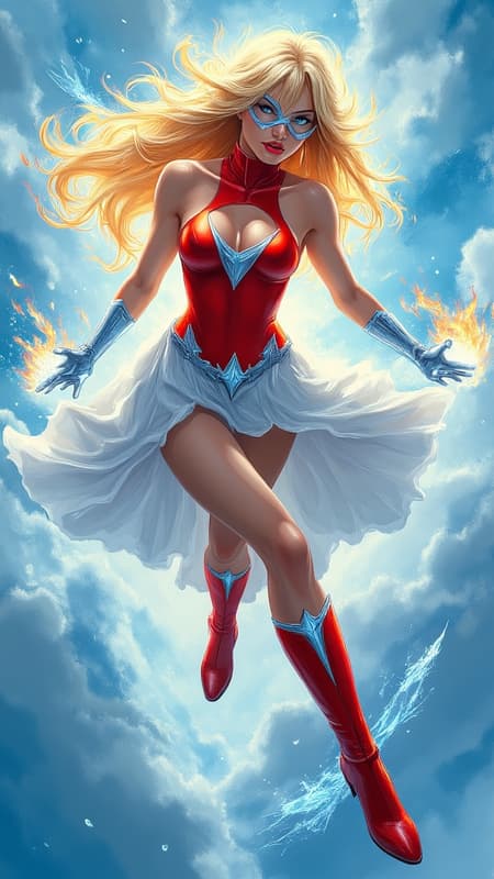 Super-hero, fire and ice,  controller of 2 elements. Tall, athletic, statuesque feminine Caucasian female. Icy blue eyes. Medium length golden blonde hair, volumous with side-parted fluffy bangs. She wears an icy silvery-white super-hero mask over her eyes. 

Form-fitting body suit, sleeveless fiery-red top with silvery-white trim around the arm holes and a high collar, trim is shaped like flames. Diamond shaped cut-out in cleaveage area. Boots are high heeled and also fiery-red,  knee high and tops of boots are also flame shaped. Silver chrome v-shaped belt around her waist, a sheer gossamer silvery white skirt with pieces shaped like icicles composing the shape of the shirt, icy blue crystalline Sheen on some if it. Icy blue long sleeved gloves with same crystalline sheen. She can create flames in one hand, ice in the other. She is a master of both elements, and her moods run hot and cold. Full body pose, flying through the air on wind currents. 