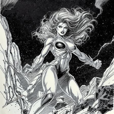 A powerful female character in 90s Top Cow comic book style, striking a dynamic and energetic pose with expressive inked line art. The illustration showcases intricate shadows and robust contrasts, capturing intense action and vibrant energy. Her detailed costume is meticulously designed, reflecting the high-quality and high-res ultra-detailed aesthetics characteristic of comic book art. The scene is infused with intense lighting, highlighting her well-defined physique and movement. This depiction maintains the essence of the 90s style, emphasizing exaggerated anatomy and dramatic flair, with each element contributing to the overall high-impact visual narrative.