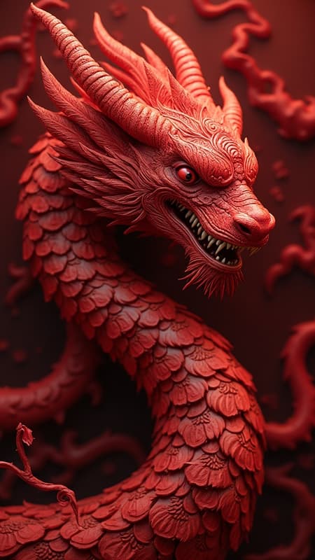 Digital art marvels intertwining symbolism with Indonesian artistic traditions, creating illusionary masterpieces that revolve around intricate red-themed hyper-detail. These compositions are hyper-realistic, capturing the essence of a 4D dimension with ultra-detailed precision, offering the highest level of visual quality. The cinematic aspect enhances their ultra-realistic impact, presented in an elongated aspect ratio that emphasizes vertical elegance, infused with a touch of creative innovation while maintaining the original vision's integrity.