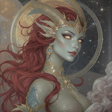 AI Half Body Design half body portrait of a female draconian, featuring ornate and graceful details, vibrant digital painting, inspired by artstation concepts, smooth textures, precise focus, richly illustrated, art style reminiscent of artgerm, greg rutkowski, and alphonse mucha, ultra-high definition, harmonious color palette, mystical and enchanting atmosphere