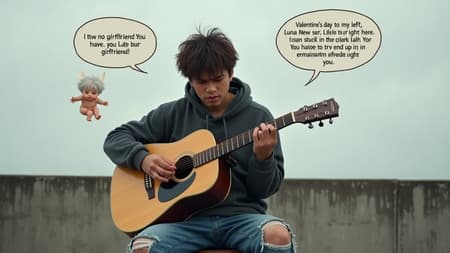 Depressed Man Playing Guitar With Cherub Photorealistic image of a young Asian man with disheveled brown hair and tired eyes, wearing a dark gray hoodie and ripped blue jeans, sitting on a rusty stool and playing an acoustic guitar. He looks depressed. Above him, a musical staff with the lyrics "Valentine's day to my left, Lunar New year to right here, I am stuck in the middle with you." To his left, a small cherub with a thought bubble "tfw no girlfriend". To his right, an angry elderly Asian couple with a speech bubble "You have to try harder or you will end up in the permanent underclass!". The background is a plain, overcast sky and a concrete wall. Overcast lighting, somber mood. Muted colors, gray atmosphere. High detail, sharp focus.