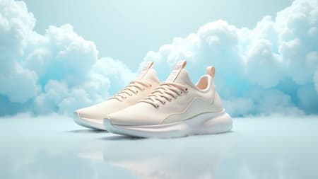 Generated Premium Cream-toned Premium cream-toned running sneakers inspired by the creative visions of Kanye West and Jacquemus, exuding elegance and luxury. The sneakers are set against a backdrop of soft, fluffy blue cloud formations, enveloped in a warm, volumetric lighting that accentuates their design. Executed with an Octane render to achieve an ultra-realistic product shot, the scene offers exceptional 8k resolution, showcasing the high level of intricacy and detail in the sneakers' craftsmanship, along with subtle alterations such as a sleek silhouette and refined textures for a modern aesthetic.