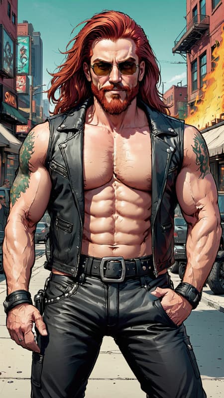 Dangerously sexy. Male motorcycle/biker gang member. Heavy Metal, Hard Rock. Mature man, handsome face, thick red goatee, jade green eyes, masculine, manly, very tall, muscular, sinewy, broad chest, big biceps.  long wild locks of flaming red hair, slightly hairy chest, tattoos on arms and chest. Black leather vest exposing chest. black leather pants and boots, studded belt around waist. Surly grin. lying back, legs open, huge crotch. Full body pose. 