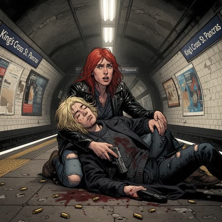 Comic book style illustration of a dramatic scene in a dimly lit London Underground station. A red-haired woman with a distressed expression, wearing a black leather jacket and ripped jeans, cradles an injured blonde-haired person in her lap. The injured person, dressed in a dark coat and sweater with bloodstains, lies with eyes closed, hand resting on a pistol. Spent bullet casings are scattered on the grimy platform floor. The station features tiled walls, a curved tunnel ceiling, fluorescent lighting, and "King's Cross St. Pancras" signs, along with various posters. The mood is tense and urgent, with muted, desaturated colors dominating the scene.