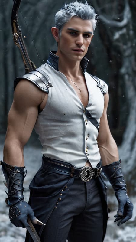 Faerie and Fantasy, The Dreaming. Elf. Moon Elf, pale white elf. Hypermasculine mature adult male. Short, stocky, wide shouldered, broad chested, narrow waist, sinewy, well defined. Strong, muscular. Pale white skin the color of snow, dusted in glittery moondust. Short length dark indigo-blue hair, short on sides and spiky on top. {{{SHORT HAIR, INDIGO BLUE HAIR}}}. Sparkling silver eyes, playful and cheery. Handsome rugged masculine face, strong brow and chin, cleft in chin. Indigo-Blue soul-patch on face below bottom lip. Sharp Elf ears. His skin is dusted in silvery glitter. Silver talisman with crystal quartz pendant around his neck. Navy blue sleeveless shirt unbuttoned to navel, revealing his chest. Silver arm bands above his biceps, silver earring in left ear, along with silver ear cuffs. Black leather fingerless gloves, black leather bracers on arms. Black leather belt around waist, silver and sapphire belt buckle. Navy blue rangers pants/tights, form fitting and smooth over powerful legs and bulge in groin. Soft gray boots, knee-high and slouchy/supple bucket boots. He holds a golden magical bow. He has a soft, silvery aura under moonlight, signifying elven magic. Full body pose, he is the archer, the Dream Archer. Faerie and Fantasy, The Dreaming. Elf. Moon Elf, pale white elf. Hypermasculine mature adult male. Short, stocky, wide shouldered, broad chested, narrow waist, sinewy, well defined. Strong, muscular. Pale white skin the color of snow, dusted in glittery moondust. Short length dark indigo-blue hair, short on sides and spiky on top. {{{SHORT HAIR, INDIGO BLUE HAIR}}}. Sparkling silver eyes, playful and cheery. Handsome rugged masculine face, strong brow and chin, cleft in chin. Indigo-Blue soul-patch on face below bottom lip. Sharp Elf ears. His skin is dusted in silvery glitter. Silver talisman with crystal quartz pendant around his neck. Navy blue sleeveless shirt unbuttoned to navel, revealing his chest. Silver arm bands above his biceps, silver earring in left ear, along with silver ear cuffs. Black leather fingerless gloves, black leather bracers on arms. Black leather belt around waist, silver and sapphire belt buckle. Navy blue rangers pants/tights, form fitting and smooth over powerful legs and bulge in groin. Soft gray boots, knee-high and slouchy/supple bucket boots. He holds a golden magical bow. He has a soft, silvery aura under moonlight, signifying elven magic. Full body pose, he is the archer, the Dream Archer.