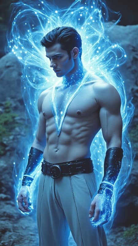 Male super-hero of Asian heritage, probably Japanese-American, ultra futuristic cyberpunk style. Tall, slim but muscular, sinewy. Short, black spiky fade hairstyle, close cut on the back and sides, longer on top. Black eyes, strong brow and jaw, high cheekbones, handsome. Clean shaven, no facial hair. Sleevless V-neck jacket, periwinkle blue in color, pointed at the shoulders. Pants are white and slightly baggy cyberpunk style, tapered at the bottoms, but roomy enough for him to fight. Black leather belt with metal studs around his waist. Short black leather bracers around his wrists. Black leather ankle length boots on his feet. 

Pale blue energy swirls around the crown of his head like an atom, constantly moving. He is a psionic with telekinesis and telepathic powers. He can move objects with his mind and attack with mental energy. Full body pose, likely using his power to levitate. 
