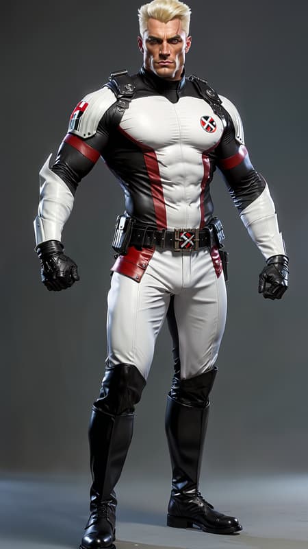 Sci-Fi, tech. Supervillain. Super-soldier, member of the Neo-Nazi party, created by a German mad scientist. He wears a jetpack on his back to fly, and tech powergloves capable of creating lightning as a weapon. He is also invulnerable to many physical attacks. Caucasian male of German descent. Tall, muscular, big muscled, bodybuilder. Pale blond flat top hairstyle, shaved close on sides and spiky on top. Handsome face, strong brow and jaw. Clean shaven, no facial hair. Icy blue eyes, intense stare--NEVER SMILES. Completely white spandex uniform; long sleeved spandex shirt with huge Nazi swastika in black on the front, red stripes down the sides of the arms. Black metallic shoulder pads, black tactical belt. White spandex pants with red stripes down the sides. Black leather knee-high boots, ceremonial corps boits. Full body pose, he wears his swastika proudly with no shame. 
