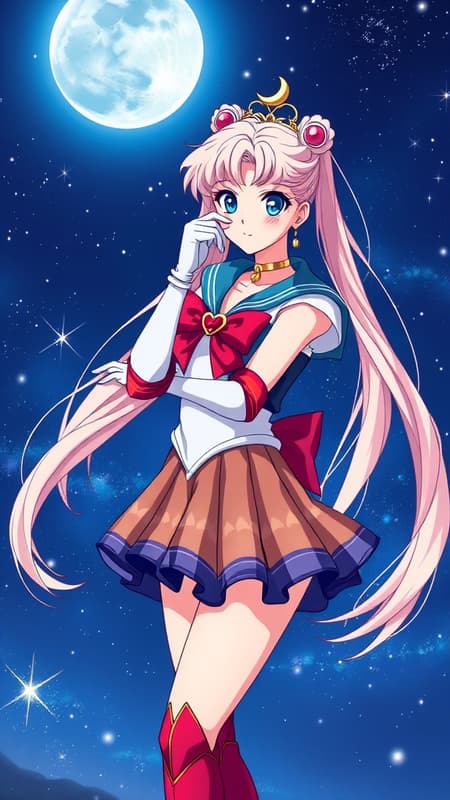 Majestic creation, top-tier quality, Super Sailor Moon, denim-themed pose, starry night sky, moonlit evening, pristine white gloves, striking blue eyes, cosmic background, vibrant attire, sailor guardian uniform, colorful skirt, hair accessories, crimson bow, ornate brooch, heart-shaped embellishment, crescent moon motif, glowing heart necklace, elongated hair, crescent earrings, royal tiara, golden choker, stylish boots, knee-high footwear, radiant red shoes.